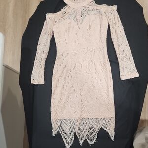 Chic Long Sleeve Lace Dress in Soft Pink